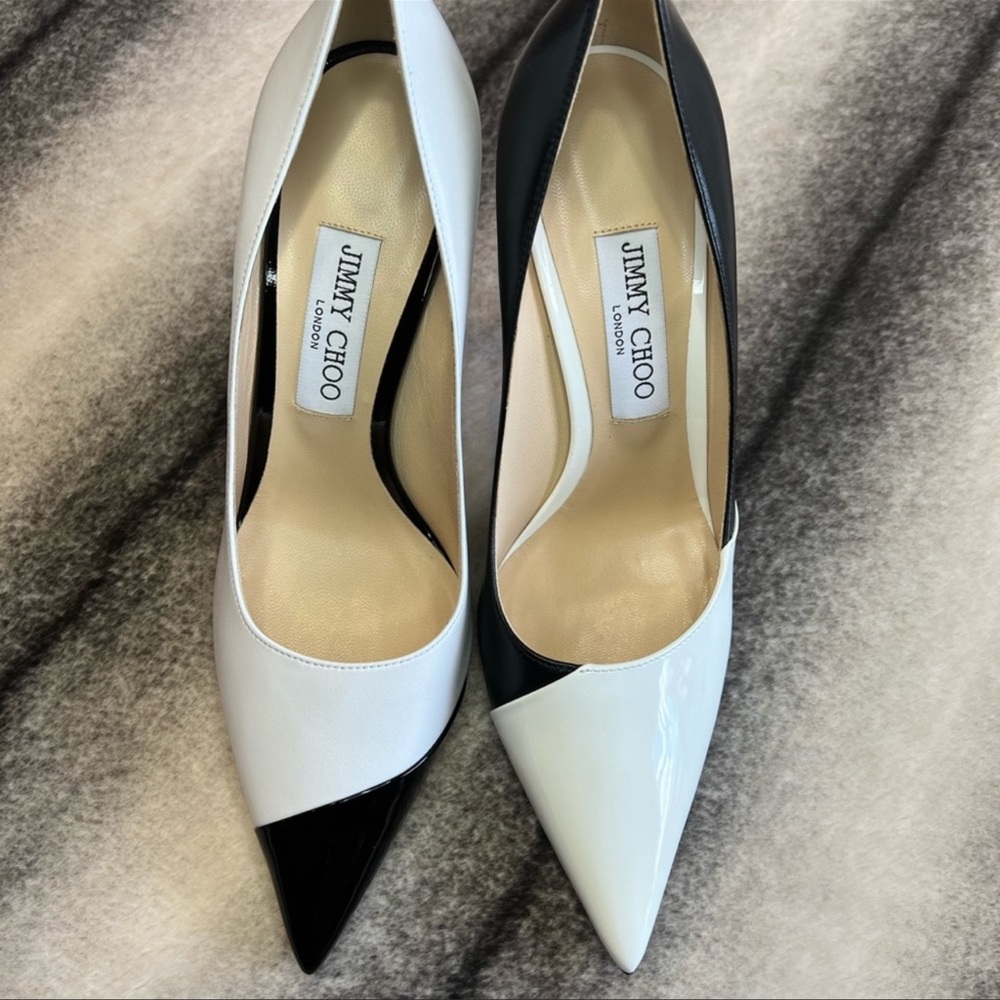 Jimmy Choo Love 100 Black and White Asymmetric Patent Nappa Pumps Heels - Picture 3 of 10
